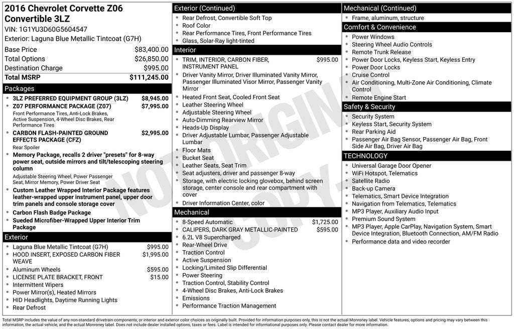 2016 Chevrolet Corvette Z06 Z06 3LZ
